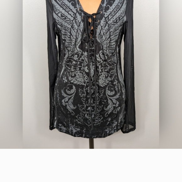 Affliction Womens Battle Zone Lace Up Top Mesh Back/Sleeves. XL - Picture 7 of 9